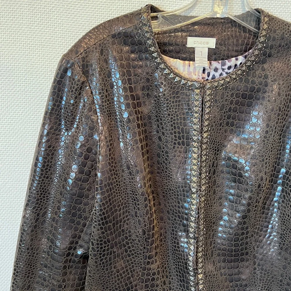 Chicos Brown Crocodile Embossed Studded Faux Leather Jacket Size M Animal Print
